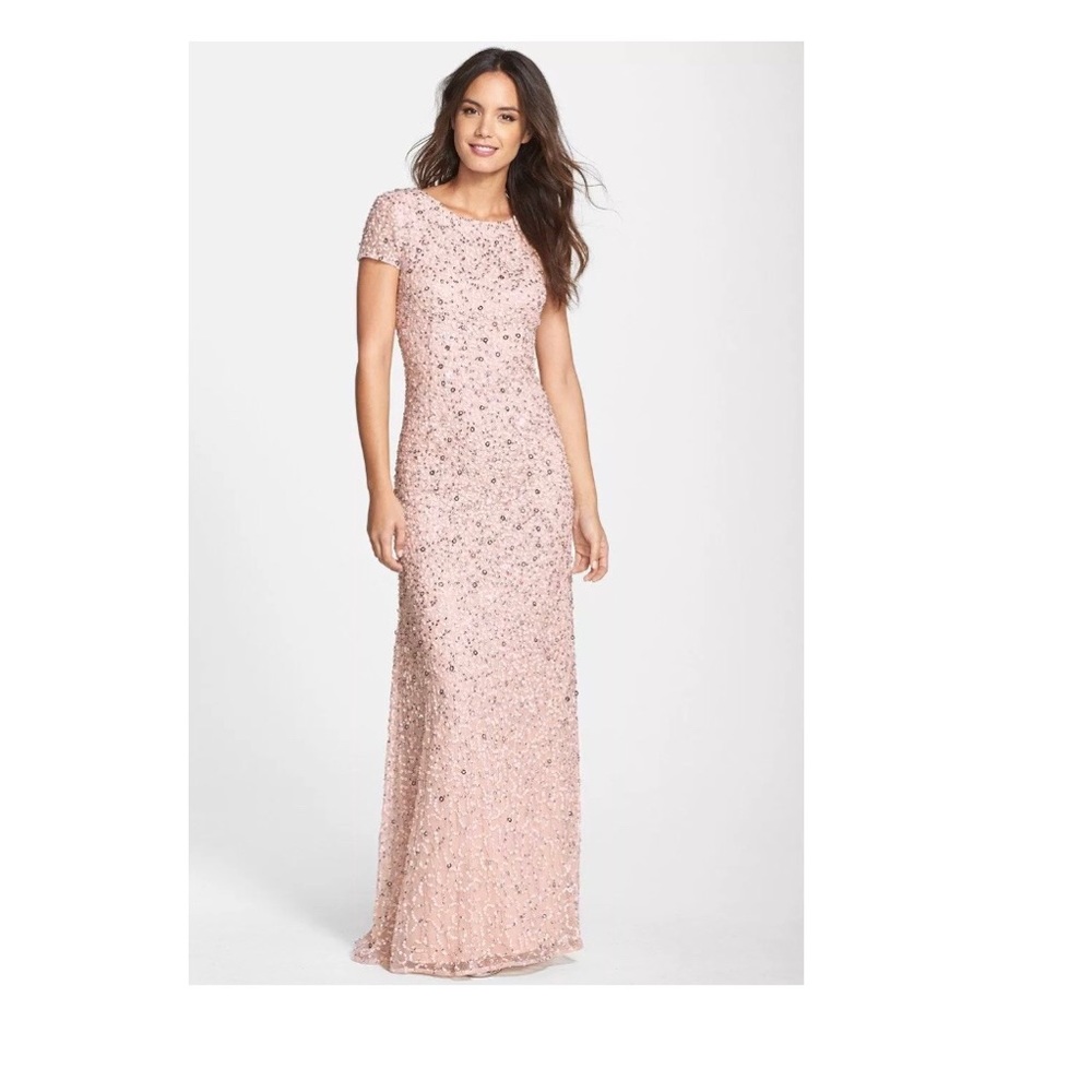 NEW Adrianna Papell Short Sleeve Sequin Mesh Gown - Picture 3 of 7